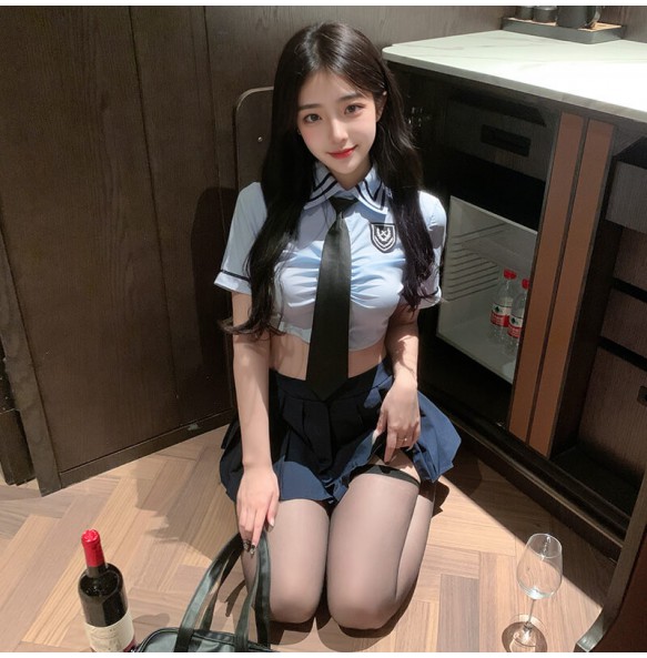 FEE ET MOI - Cropped Top Pleated Skirt Schoolgirl Outfit (Blue - Green)